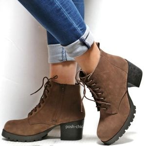 New Brown Lace Up Combat Lug Sole Heel Ankle Boots